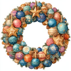 Colorful Christmas Wreath with Ornaments and Stars