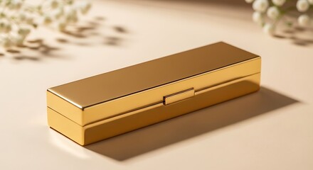 Elegant Golden Box - Minimalist Still Life with Soft Shadows and Floral Accents.