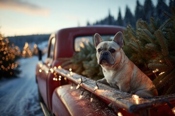 Christmas Spirit. French Bulldog relaxing in vintage truck with festive decorations.