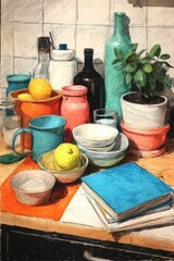 Colorful Kitchen Still Life with Fruits and Pots