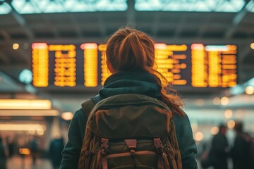 Travel. Woman at airport looking at flight information board.