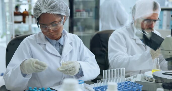 Scientist, woman and chemical notes with test tubes for chemistry, testing and medical research. Biotech, laboratory PPE and writing with DNA inspection for pathology, experiment or microbiology - Powered by Adobe