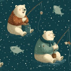 Charming Bears Ice Fishing in Winter Wonderland