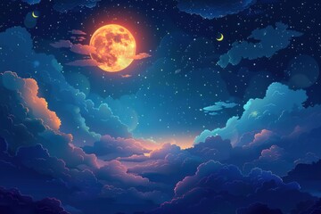 Night Sky. A stunning digital illustration of a moonlit sky filled with clouds and stars.