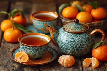 Tea and Tangerines. A vibrant tea set with fresh tangerines on rustic wooden table.