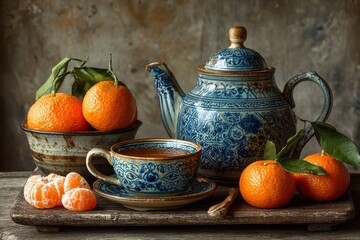 Rustic Tea and Tangerines. A cozy tea set with fresh tangerines on a wooden tray.