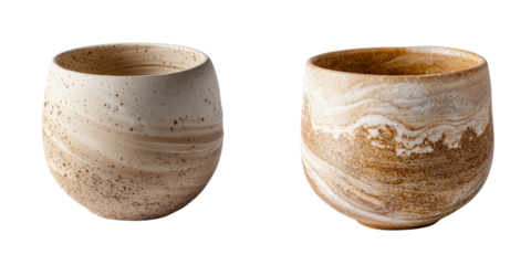 two wooden mugs clay cups and wooden wine glasses on white background