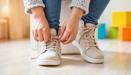 Adult tying shoelaces on sneakers in daycare environment, nurturing care