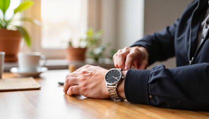 Man adjusting metal watch strap at wooden table, simplicity in focus