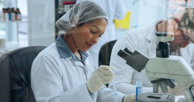 Scientist, woman and chemical analysis with dropper for chemistry, testing and medical research. Biotech, laboratory and PPE with DNA inspection for pathology experiment, synthesis or microbiology - Powered by Adobe