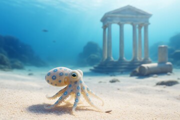 Cute blue-ringed octopus on ocean floor with ancient temple ruins in background under soft underwater light, symbolizing marine mystery and history. Ai generative