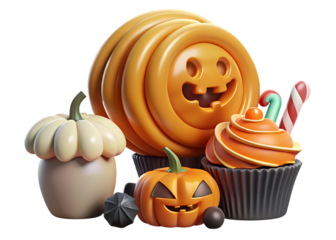 Whimsical halloween scene with carved jack o lantern pumpkins a cupcake and candy canes against a dark background