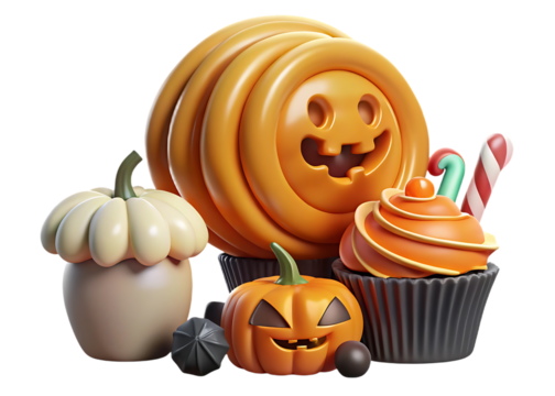Whimsical halloween scene with carved jack o lantern pumpkins a cupcake and candy canes against a dark background