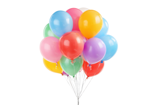 Bunch of colorful balloons floating against a solid black background group, Isolated On Transparent Background, Png Cut Out
