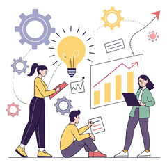 Vector illustration of a startup team brainstorming with charts, graphs, and light bulb symbols, modern flat style, isolated on white background.