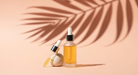 Natural Skincare Serum Bottles with Palm Leaf Shadow on Peach Background.