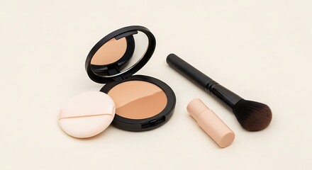 Elegant Compact Powder Duo with Brush and Applicator on Neutral Background.