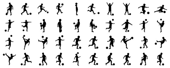 Fototapeta premium Boy Playing Soccer Silhouette Vector Illustration , Set Collection