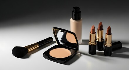 Luxury Makeup Essentials - Foundation, Compact, Lipsticks, Brush with Dramatic Studio Lighting.
