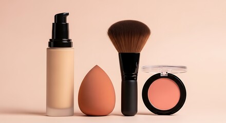 Essential Complexion Makeup Kit - Foundation, Blender, Brush, and Blush on a Pink Background.