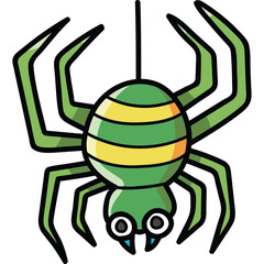 Green cartoon spider with yellow stripes hanging from a thin black thread against a transparent background