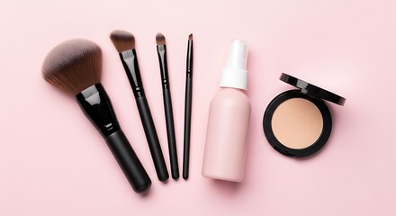 Overhead View of Makeup Brushes, Foundation, and Powder on Pink Surface.