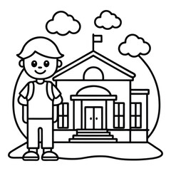 A cheerful cartoon boy with a backpack stands in front of a simple school building with clouds in the sky ready for education