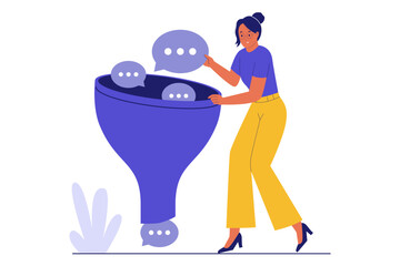 Illustration of Filter Comments and Content Moderation. Illustration of a Woman Sorting User Feedback to Manage Online Conversation and Social Media Activity