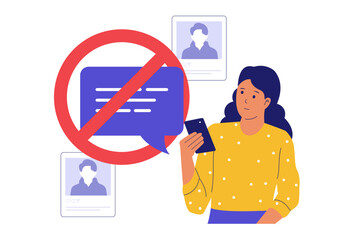 Illustration of Disable Comments and Online Content Control. Woman Turning Off Comments on a Post to Prevent Harassment or Spam