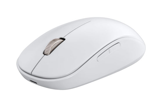 White wireless computer mouse with silver scroll wheel on black background technology, Isolated On Transparent Background, Png Cut Out