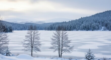 Frozen winter lake landscape with snow-covered trees and hills