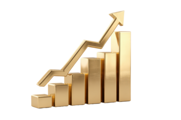 Golden bar chart with upward trending arrow on black background graph 1, Isolated On Transparent Background, Png Cut Out