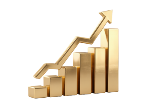 Golden bar chart with upward trending arrow on black background graph 1, Isolated On Transparent Background, Png Cut Out