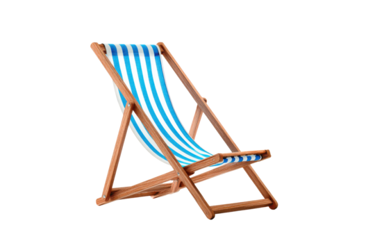 Wooden beach chair with blue and white striped fabric on black background deckchair lounge, Isolated On Transparent Background, Png Cut Out