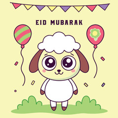 Adorable cartoon sheep character with big expressive eyes and fluffy wool celebrating eid mubarak with colorful balloons and festive bunting overhead
