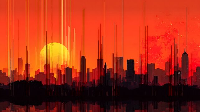 Abstract pixel art cityscape illustration with a vibrant orange sunset and graphic equalizer style buildings