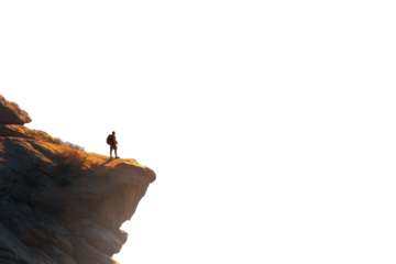 Lone backpacker stands on sunlit cliff edge overlooking vast blackness person rock, Isolated On Transparent Background, Png Cut Out