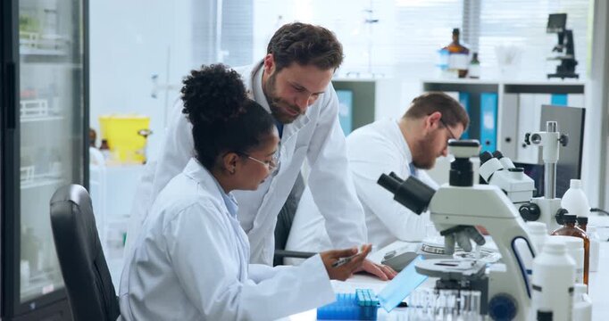 Scientist, team and chemical analysis with notes for chemistry, testing and medical research. Biotech, laboratory and people with DNA inspection for pathology experiment, discussion or microbiology