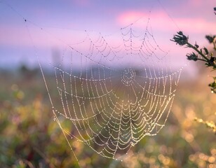 Raindrops on spider web at dawn, soft pastel background bokeh, delicate nature scene