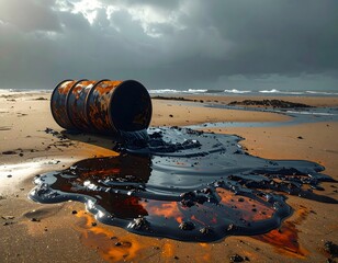 Rusty oil barrel leaking on sandy ground, environmental damage, oil spill crisis
