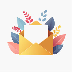 Envelope with a blank paper surrounded by colorful leaves on a white background