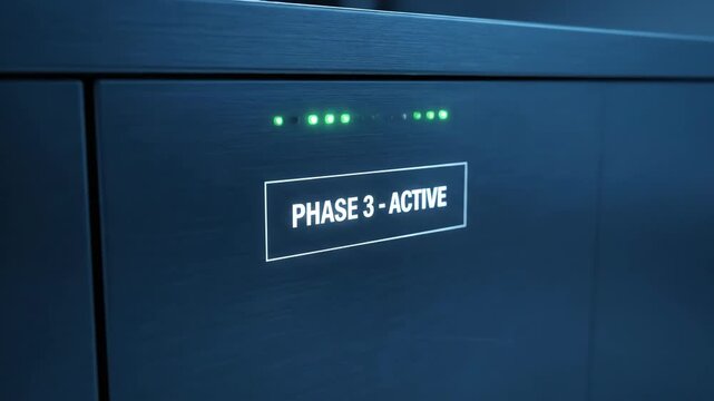 Tilt up from metal table to wall of blinking green indicator lights labeled phase 3 active. Sci-fi control panel activation in futuristic setting. Technology status display footage.