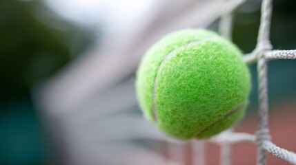 A tennis ball is hanging from a tennis net