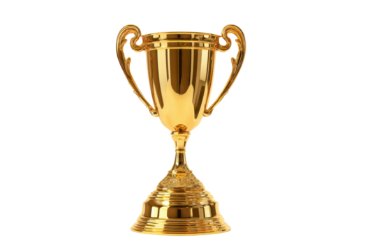 Gleaming gold trophy with ornate handles on a black background award prize, Isolated On Transparent Background, Png Cut Out