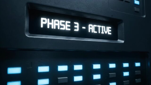 Tilt up from metal table surface to wall of blinking indicator lights on control panel displaying phase three active. Futuristic sci-fi technology interface activation sequence footage.