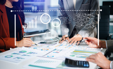 Businesswoman hand Project manager working and update tasks and Gantt chart scheduling virtual...