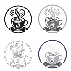 Coffee Cup Illustration: Steaming Brew in Black and White, Aromatic Morning Beverage in Classic Design, Cafe Icon for Menu or Branding, Coffee Bean Symbol Art, Hot Drink Vector Graphic