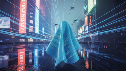 A transparent holographic ghost floating between skyscrapers in a neon futuristic city at night