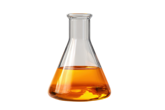 Clear glass flask filled with amber liquid on a black background orange, Isolated On Transparent Background, Png Cut Out