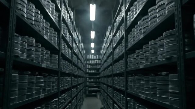 Tracking shot through archive shelves of unlabeled film canisters. Dimly lit storage facility revealing rows of vintage movie reels. Cinematic history preservation and film collection exploration